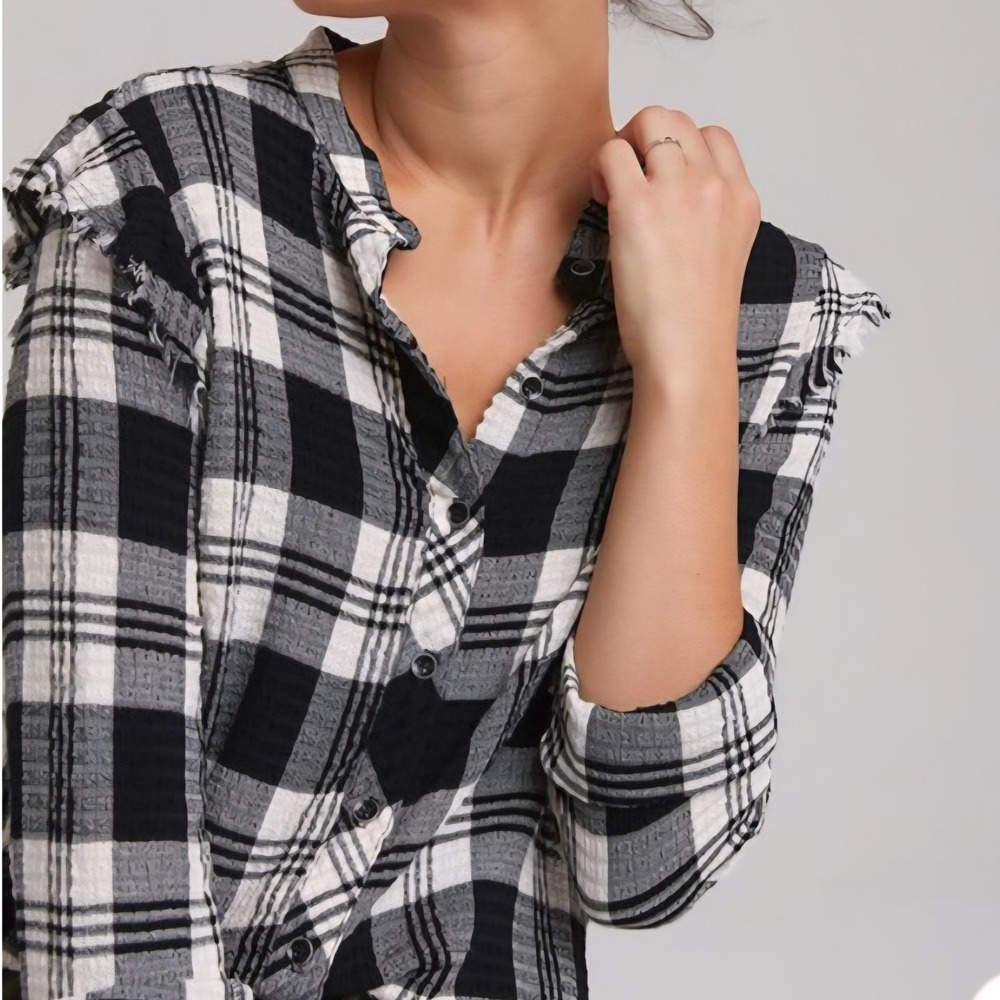 Bella Dahl Plaid Button Down Women Small Black White Excellent Ruffle Shoulder